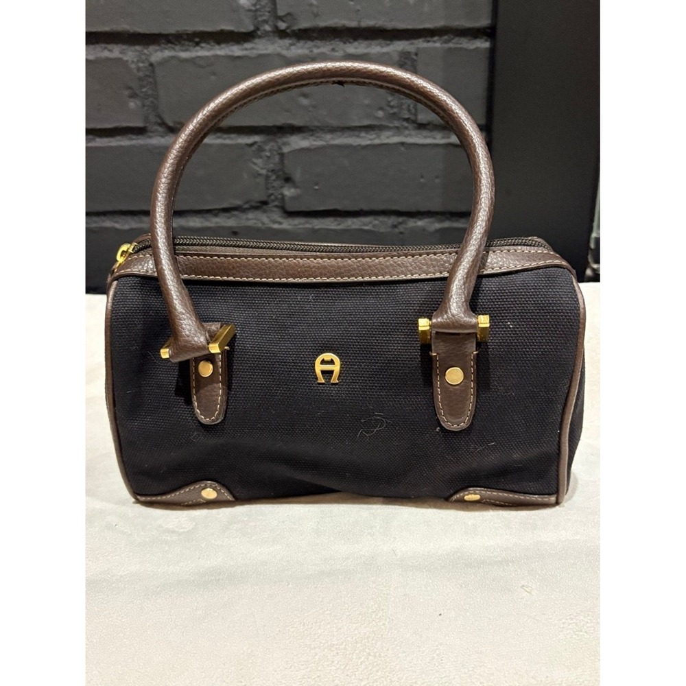Etienne Aigner Black Canvas Brown Leather Trim Barrel Satchel Bag Gold Logo
